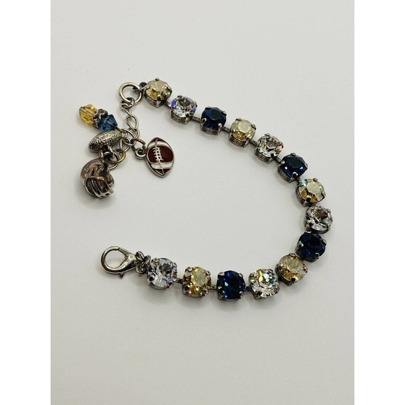 Crystal Tennis Bracelet with Football Charms Clear Blue Gold FLAW - Picture 1 of 6